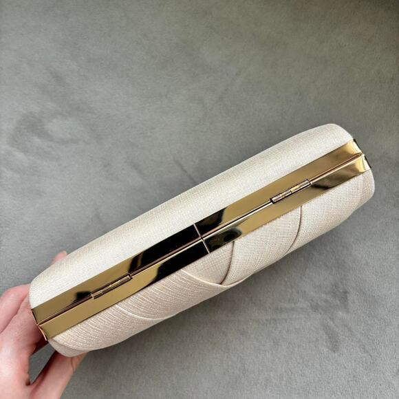 Cream and Gold Satin Clutch with Gold Chain Clasp Closure Evening Clutch - Picture 6 of 8